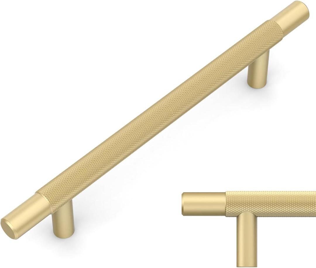 Amerdeco 10 Pack Brushed Gold Knurled Cabinet Pulls 5 Inch Hole Centers Kitchen Cabinet Handles Hardware Kitchen Handles for Cabinets Handles IH0006