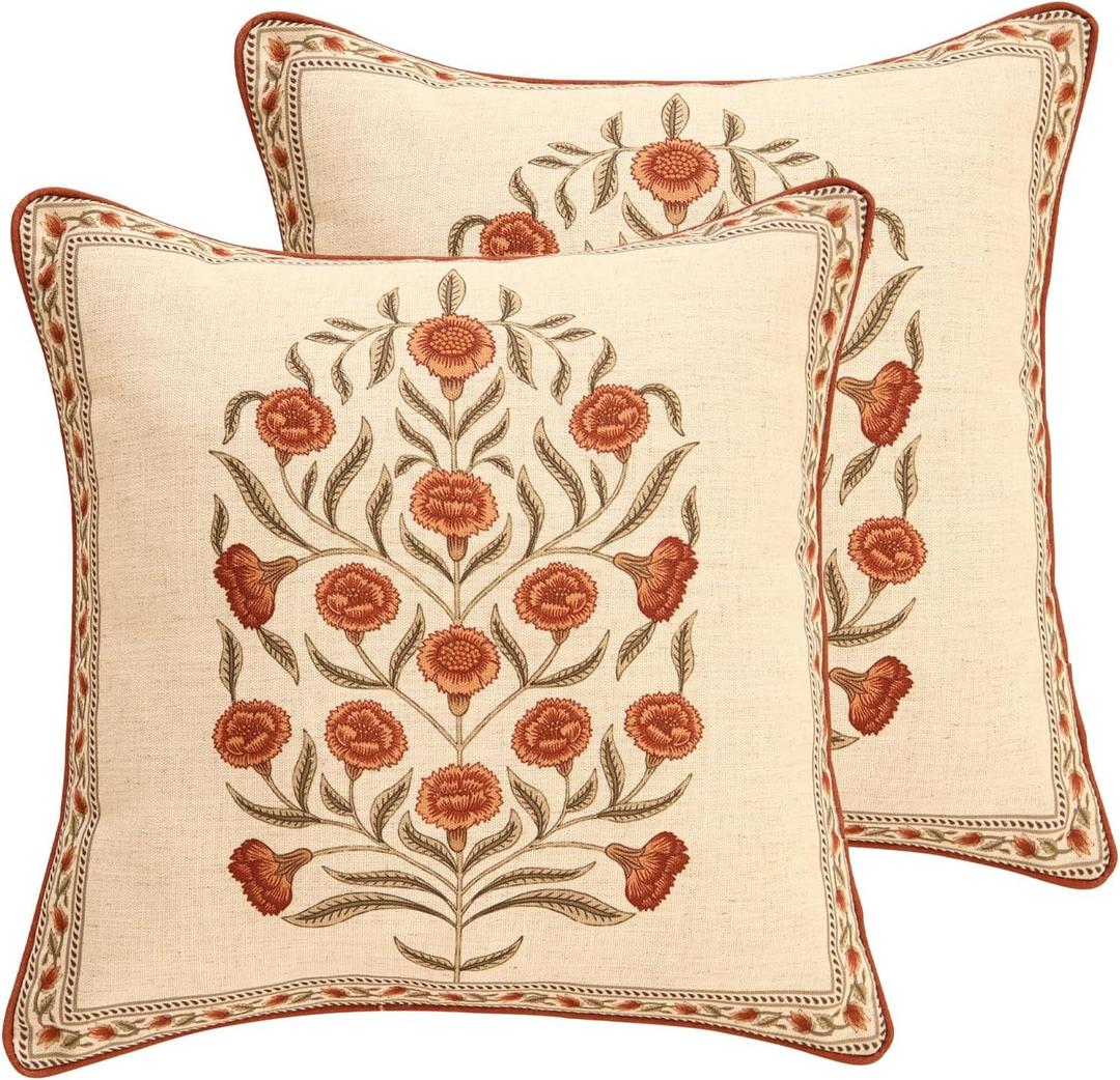 ISAENNE Design Linen Square Vintage Throw Pillow Covers 18"x18" Pack of 2, Brick Red Cushion Covers with Orange Floral Green Leaves Pattern Decoration Pillowcases for Bed,Living Room,Outdoor,Car