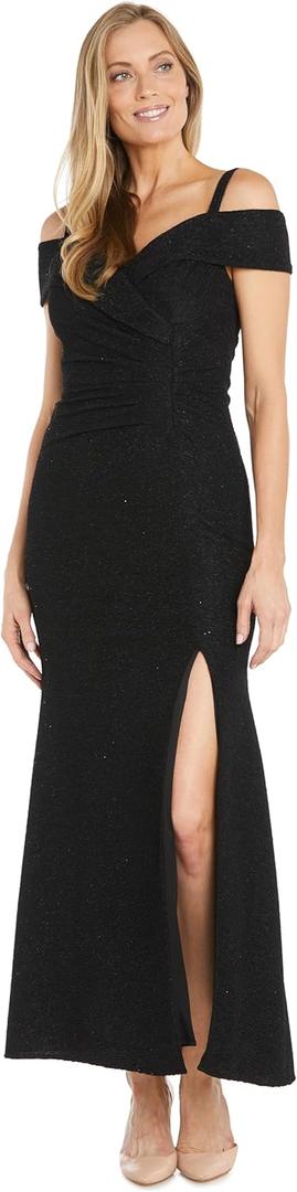 R&M Richards Elegant Glitter Knit Gown W/Portrait Collar, Cold-Shoulder Sleeves, Side Drape & Slit (14, Black)