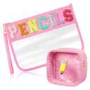 Hillban 2 Pcs Pencil Case Pouch Back to School Girls Gift Preppy Chenille Letter Makeup Cosmetic Bag Clear Pencil Toiletry Purse Zipper Waterproof Travel Stuff for Teacher Student Graduation(Pink)