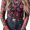SELINK Long Sleeve Mesh Tops for Women Floral Print Sheer Blouses Mock Neck See Through Shirts Rose-S