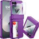 CENMASO for Samsung Galaxy Z Flip 6 Case/Z Flip 7 FE Case with Card Holder [RFID Blocking] & Hinge Protection & Screen Protector, Full-Body Shockproof Phone Case for Z Flip 6/Z Flip 7 FE-Purple