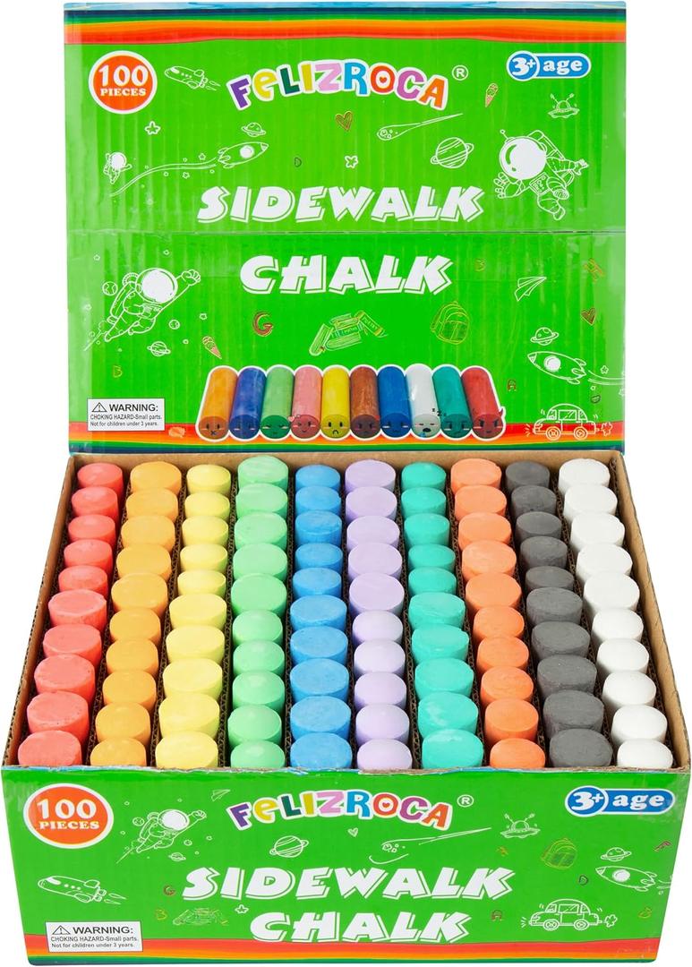 100PCS Washable Sidewalk Chalks Set in 10 Colors Non-Toxic Coloured Chalk Pavement for Kids Jumbo Chalk for Toddler Painting on Blackboard, Playground, Party