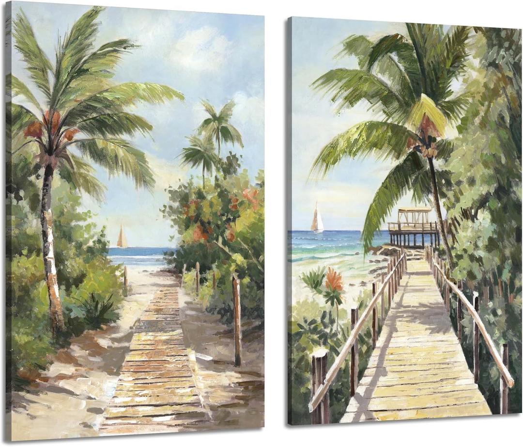 ARTISTIC PATH Tropical Beach Canvas Wall Art - Palm Tree Pictures Ocean View Paintings Coastal Ocean Scenery Seaside Prints House Decor Artwork for Bedroom (16L" x 24W")