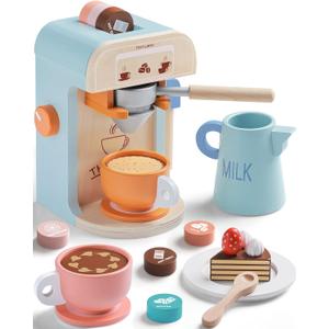 Tiny Land Kids Coffee Maker Wooden Kitchen Toys - 17Pcs Toy Coffee Maker Playset - Wooden Play Toys, Play Kitchen Accessories for Girls & Boys
