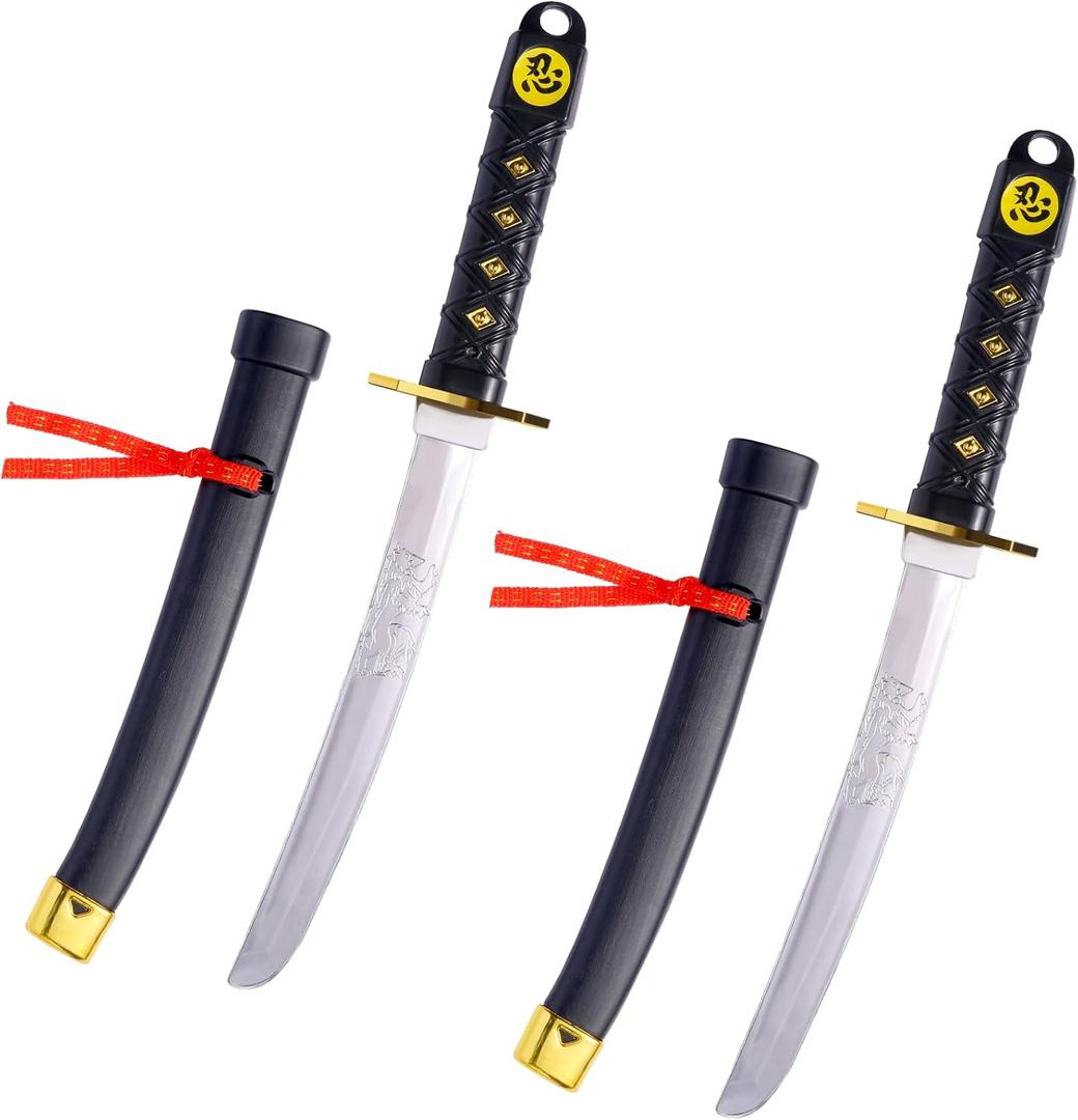 2 Pcs Plastic Samurai Sword with Sheath, Ninja Swords Katana Toy Halloween Costume Accessories for Boys, 16.5'' Length