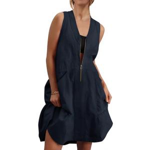 Fisoew Women's Sleeveless Tank Mini Dress Casual Half Zip V Neck Loose Mesh Back Utility Summer Dresses with Pockets (XX-Large, Dark Blue)