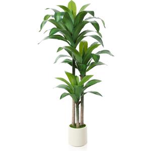 Artificial Dracaena Tree 5ft, Tall Fake Dracaena Plants with White Planter, Faux Dragon Tree Indoor Floor Plant for Home Decor Office Living Room Porch Housewarming, 1Pcs