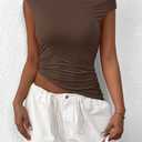 PRETTYGARDEN Womens Off The Shoulder Y2K Tops 2026 Summer Sleeveless Asymmetrical Ruched Going Out Tank Top Fashion Clothing (Brown, S)