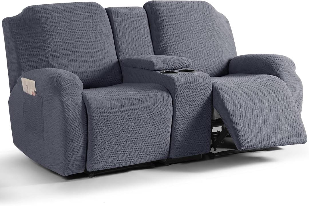 KinCam Loveseat Recliner Covers with Middle Console Slipcover, Recliner Sofa Covers 2 Seat Couch Cover Stripe Jacquard Furniture Protector Covers with Elastic Bottom for Kids, Pets (Medium Gray)