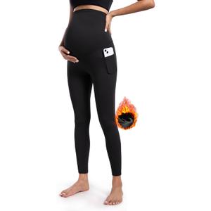 POSHDIVAH Women's Maternity Fleece Lined Leggings with Pockets Over The Belly Pregnancy Thermal Warm Winter Workout Pants (X-Large, Black)