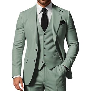 SPTALLFITJSV Dusty Green Men's 3 Piece Suit Wedding Prom Suits for Men Solid Slim Fit Single Breasted Peak Lapel Two Button Suit Blazer Set Small