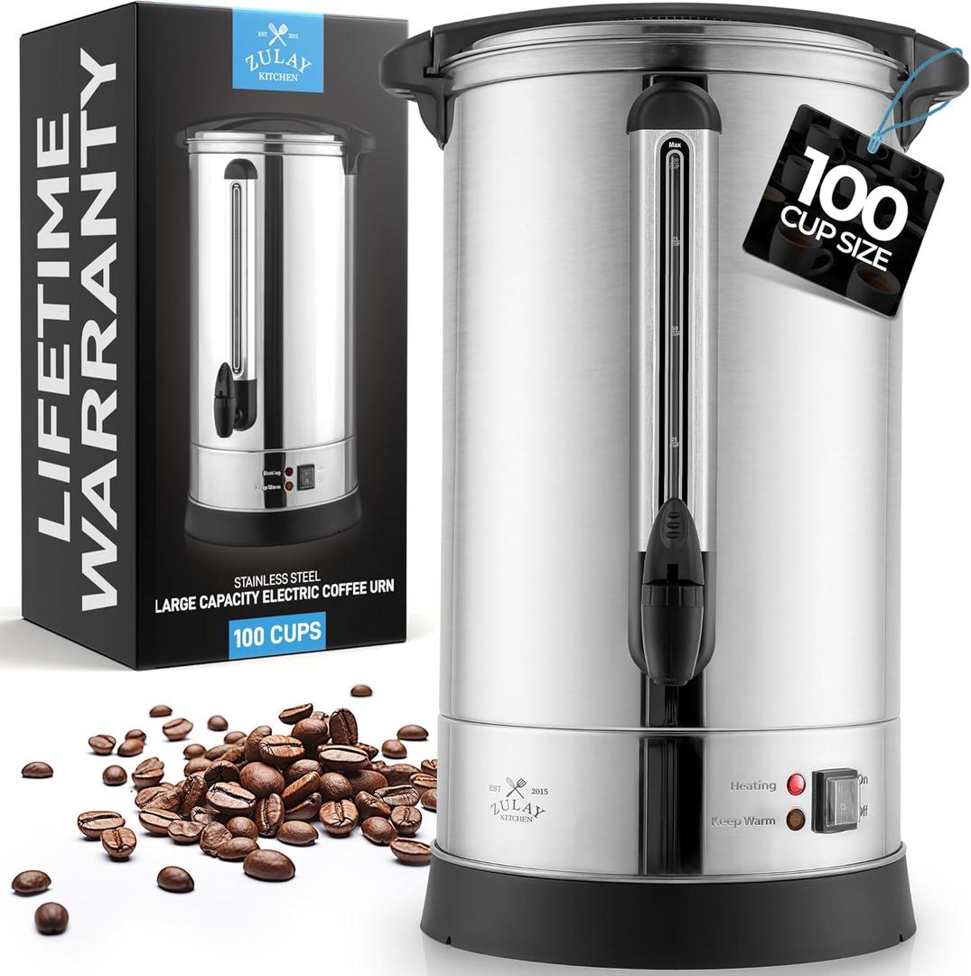 Zulay Commercial Grade 100 Cup Coffee Maker Hot Water Urn - Large Percolator Pot Dispenser With Double-Wall Stainless Steel, Quick Brew, Stays Hot for Tea & Beverage at Events & Catering - Silver