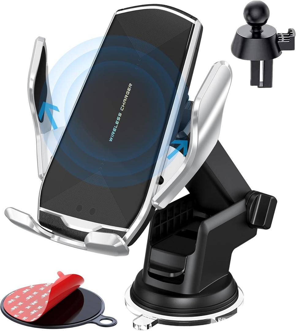 Car Phone Mount,Auto-Clamping Smart Sensor 10W Qi Fast Charging Car Front Windshield Dashboard Air Vent Phone Holder Compatible with iPhone12/12 pro max/Samsung S20/note 20 All 4.7-6.7 Inch Smartphone (silver)