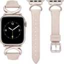 Minyee Leather Bands Compatible with Apple Watch Band 38/40/41/42/44/45/46/49mm Women, Slim Thin Dressy Designer Strap with C-Shape Metal Buckle for iWatch Series 11 10 9 8 7 6 5 4 SE/Ultra 3 2 1 (Starlight/Starlight)