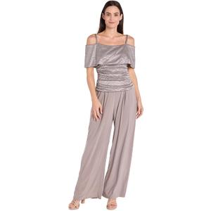 R&M Richards Women's Glam Glitter Jacquard Cold-Shoulder Jumpsuit W/Ruched Bodice & Wide Legs (Beige, S)