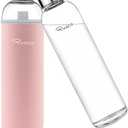 Ryaco Borosilicate Glass Water Bottle 33oz/1L/1000ml BPA-Free Leak Proof Ideal for School Home Office Travel Sport Yoga Gym Hot Cold Drinks with Portable Neoprene Carrying Sleeve and Sponge Brush