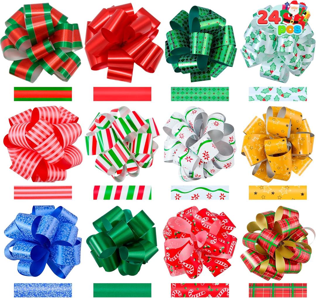 JOYIN 24 PCS Christmas Wrap Ribbon Pull Bows (5" Wide); Easy and Fast Gift Wrapping Accessory for Presents, Bows, Baskets, Wine Bottles Decoration, Xmas Gift Wrapping and Decoration Present (Colorful)