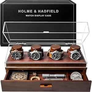 Holme & Hadfield Premium 4-Slot Wooden Watch Display Case – Handcrafted Men’s Watch Box with Accessory Drawer, Hinged Cover, Leather Lining – Birthday Gift for Collectors – Luxury Built to Last
