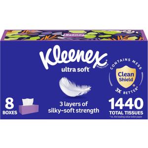 Kleenex Ultra Soft Facial Tissues, 8 Flat Boxes, 180 Tissues per Box, 3-Ply (White)