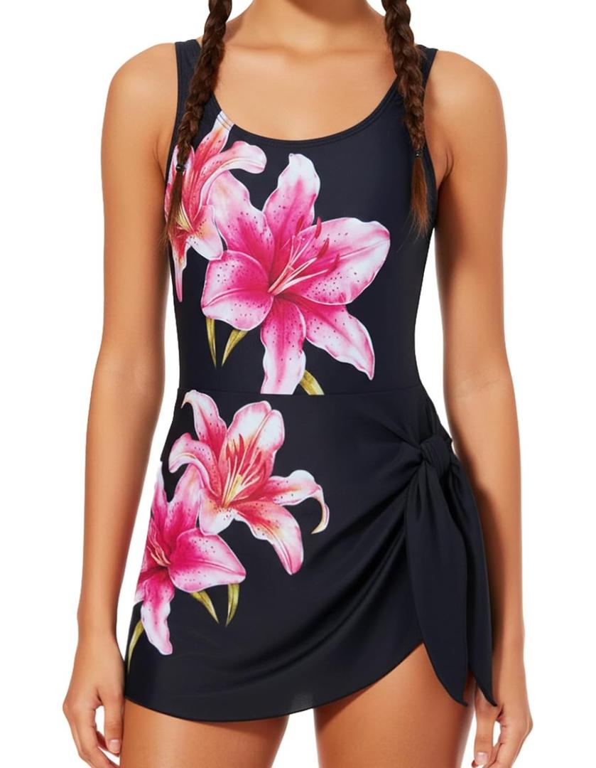 Girl Swimsuit One Piece Swim Dress Adjustable Straps Bathing Suit with Bottom, Size L