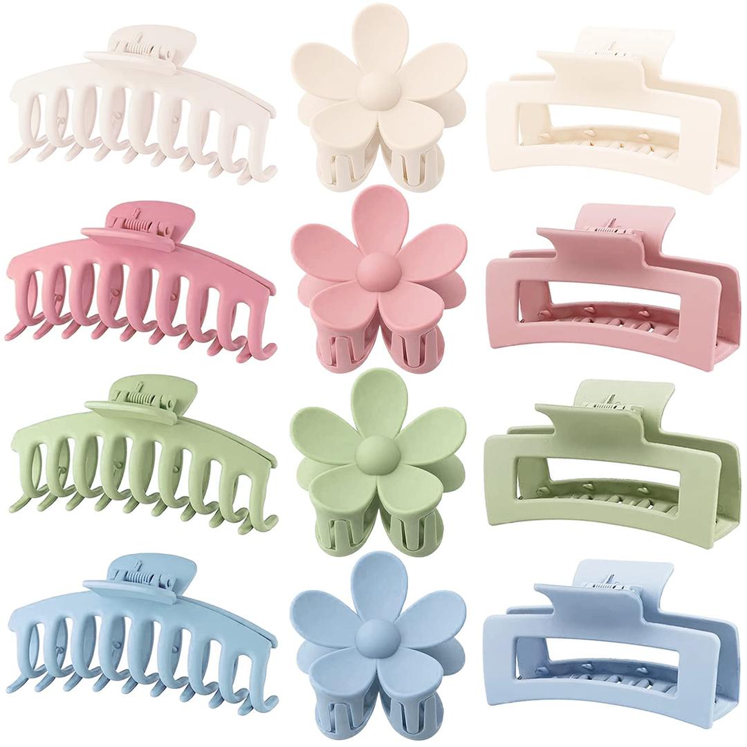 Large Hair Claw Clips 12 Pack, Flower Hair Clips for Thin Hair, Big Square Matte Strong hold for Thick Hair, 3 Styles Hair Clips for Women Thick Hair 4 Colors (Blue, Pink, Khaki, Green)
