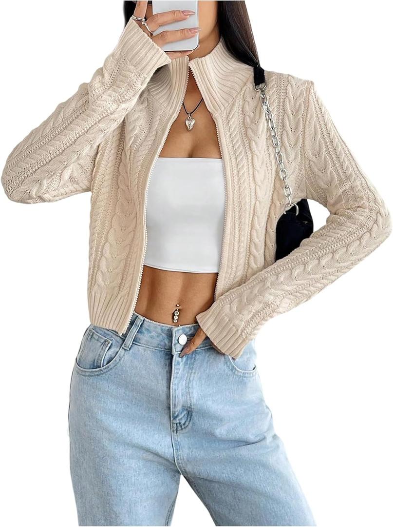 MakeMeChic Women's Cropped Cardigan Sweaters Fall Long Sleeve Y2K Zipper Cable Knit Jacket (Medium, Apricot)