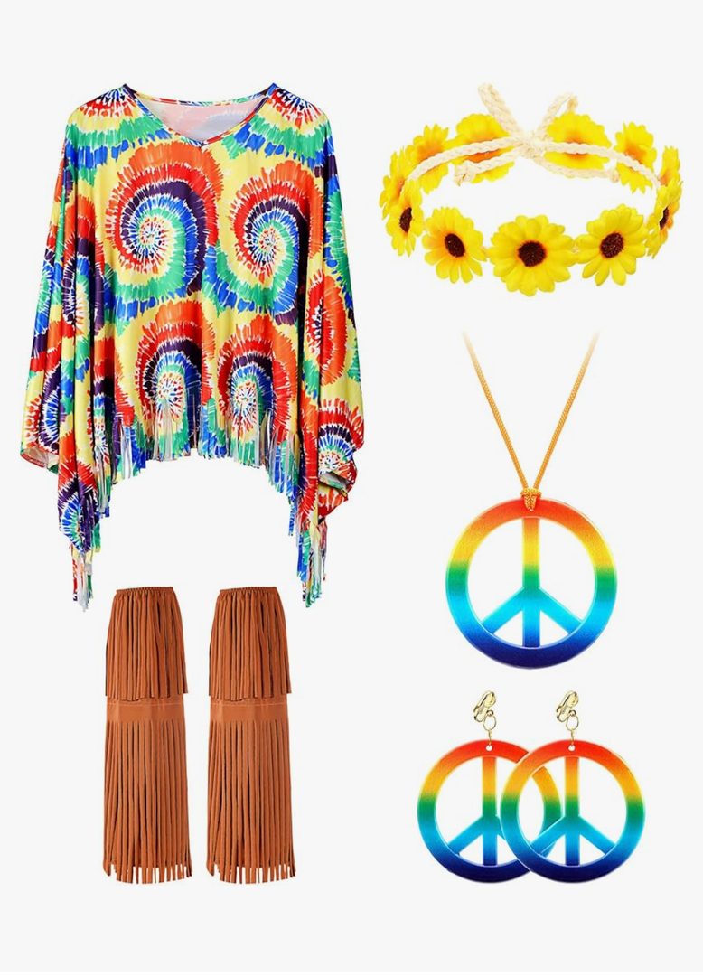 Unittype 60s 70s Outfits for Women Hippie Costume Accessories Set Tie Dye Poncho Costume for Cosplay Party