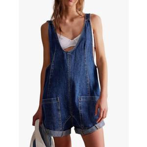CHARTOU Women Casual Denim Short Overalls Rolled Cuff Barrel Shorts Jumpsuit Rompers, 160 Medium