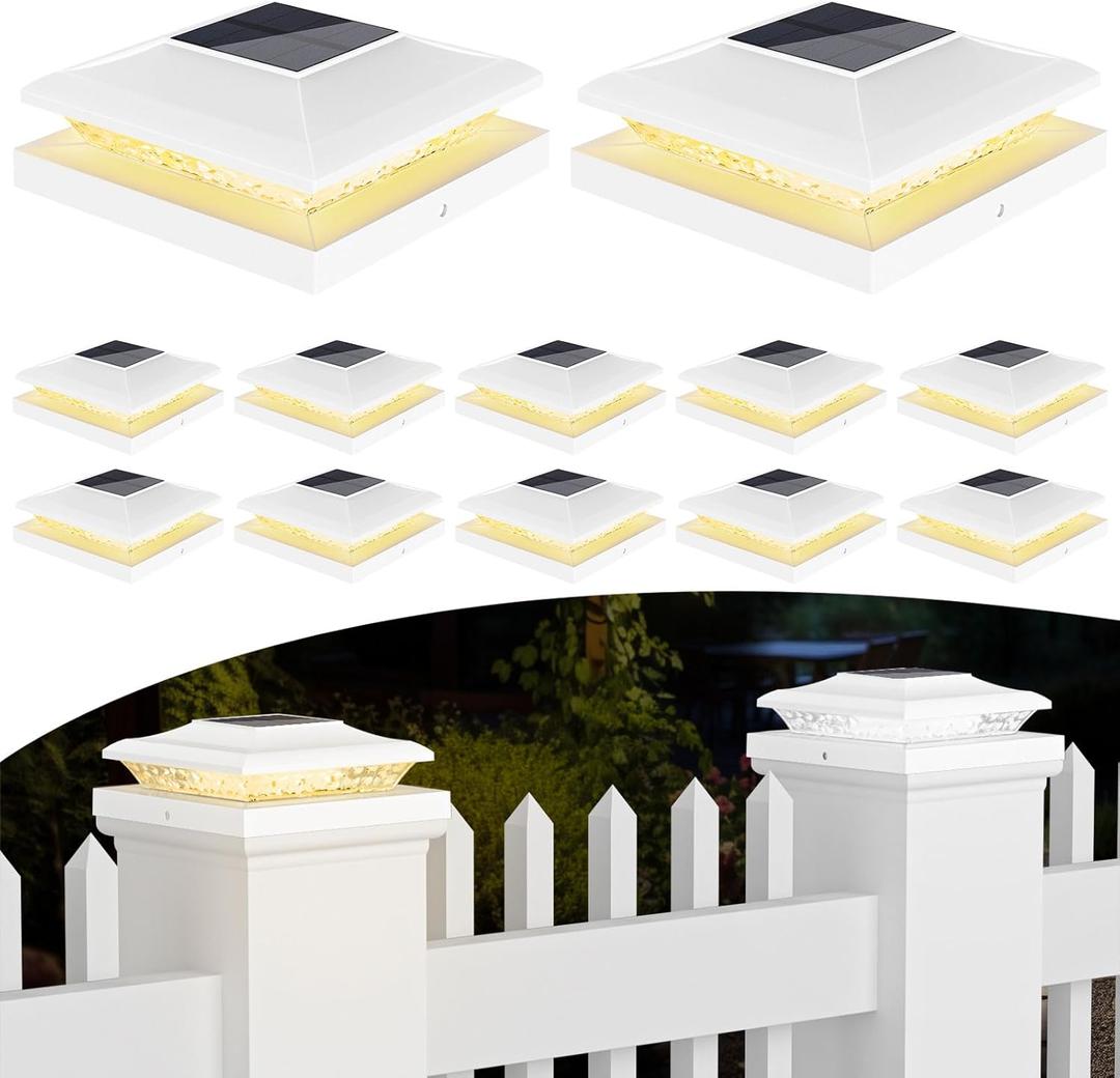12 Pack 5x5 Fence Post Solar Lights - Outdoor Waterproof White Solar Post Cap Lights for 5.5x5.5 Vinyl Posts for Deck/Yard/Stair Lighting
