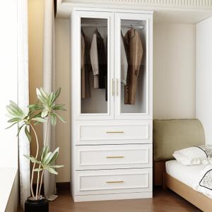 FUFU&GAGA Wardrobe Closet with Glass Doors, 3 Drawers, Modern White Bedroom Armoire with Gold Handles, Modern Clothes Storage Cabinet with Shelf, Hanging Rod, 31.7W x 19.3D x 74.8H