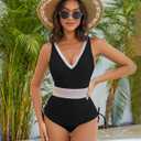 Womens One Piece Swimsuit Color Block Drawstring Swimwear Deep V Neck Tummy Control Bathing Suit (Black, XL)
