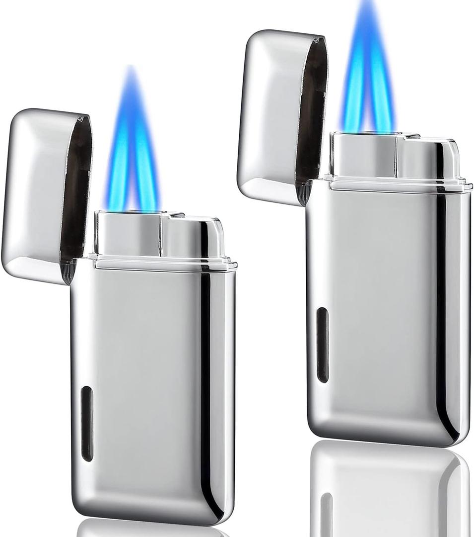 2 Pack Mini Torch Lighter Butane Refillable, Double Flame Butane Lighter with Visible Window, Adjustable Jet Lighter, Great Gifts for Men and Women, Without Gas (Silver)