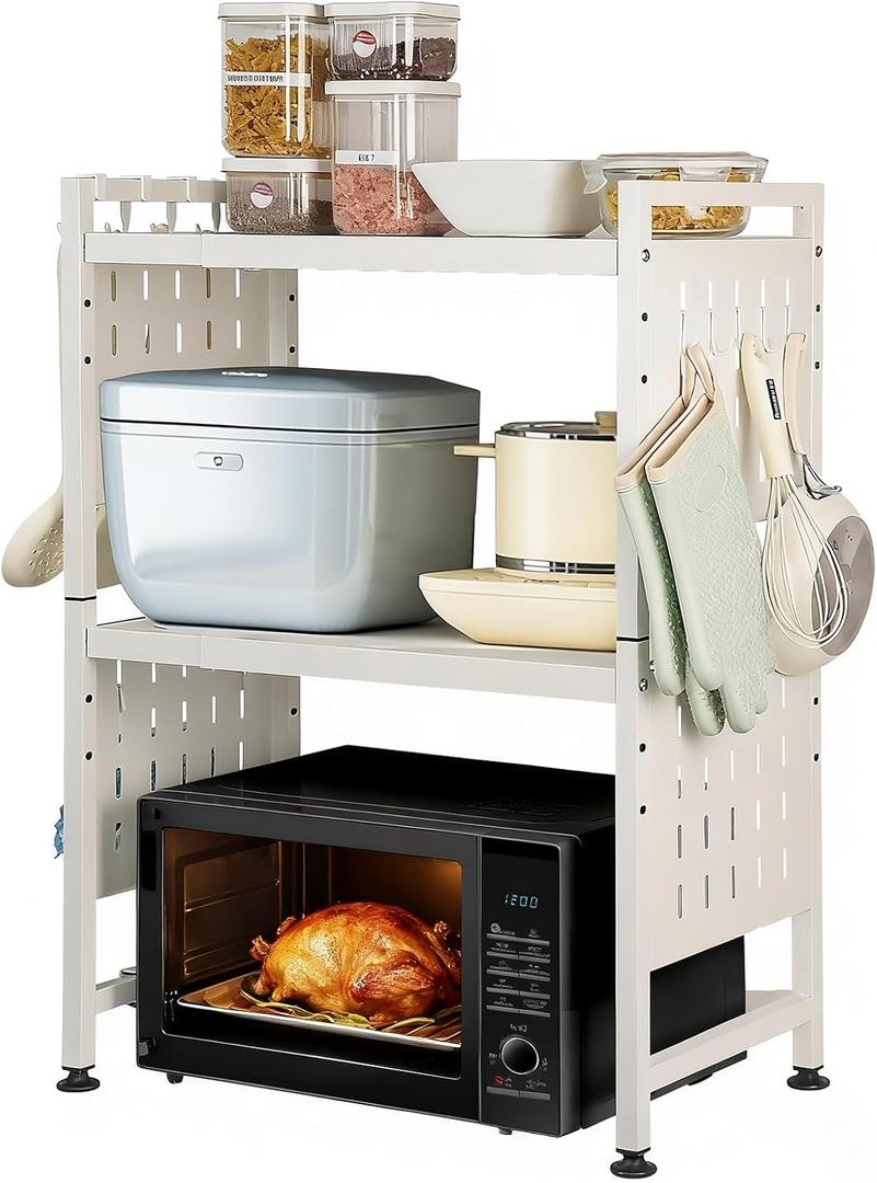 Expandable Microwave Stand Countertop, 3 Tier Heavy Duty Over Microwave Shelf Countertop with 4 Hooks, Height Adjustable Metal Microwave Oven Rack Shelf for Kitchen Tabletop,Holds 160lb,White