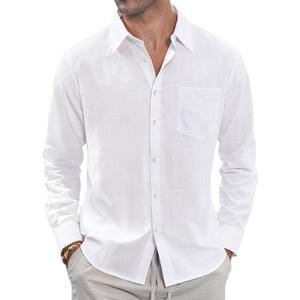 J.VER Men's Linen Shirts Casual Button Down Long Sleeve Shirt Solid Spread Collar Summer Beach Shirts with Pocket (Large, White)