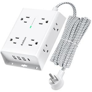 10Ft Long Surge Protector Power Strip, Addtam Extension Cord with 8 AC Outlets and 4 USB Ports(1 USB C), 3-Side Outlet Extender Strip, Flat Plug, Wall Mount, Dorm Home Office Essential, ETL Listed