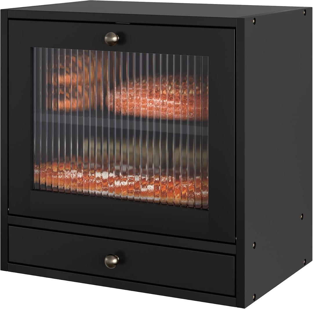Pine Wood Bread Box for Kitchen Countertop - Large 2-Layer Bread Storage Container with Magnetic Closure, Acrylic Window & Removable Coffee Pod Tray, Black