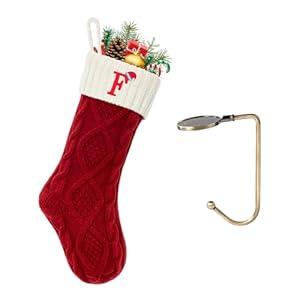 VRFASHION Christmas Stockings with Initials, Letter F Embroidered Xmas Stockings, 18" Large Monogram Knitted Xmas Stocking, Christmas Party Fireplace Family Hanging Stocking Decorations 1Pc Red-White
