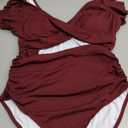 B2prity Women's One Piece Swimsuit Ruffle Cutout Bathing Suits Slimming Tummy Control V Neck Wrap Swimwear (Burgundy Ribbed)