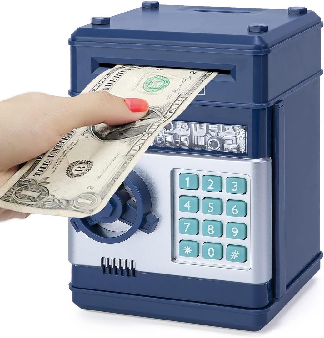 Refasy Piggy Bank Cash Coin Can ATM Bank Electronic Coin Money Bank for Kids Age 3-12, Money Savings Box Mini ATM Coin Bank Toys Gifts for 3 4 5 6 7 8 9 10 11 12 Year Old Boys Girls (Navy)