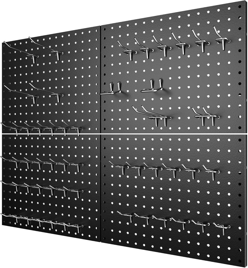 4 Pack Metal Pegboard Panels with 50 Hooks, Black Pegboard Wall Organizer, Pegboard Accessories, Heavy Duty Garage Tool Storage System for Workbench, Workshop, Office, Craft Room