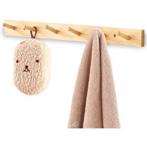 Beech Wood Coat Rack Wall Mount, Long Coat Hook Hanger Wooden Wall Coat Rack with 6 Hooks for Purse Clothes Towels Hats in Entryway Bedroom Bathroom