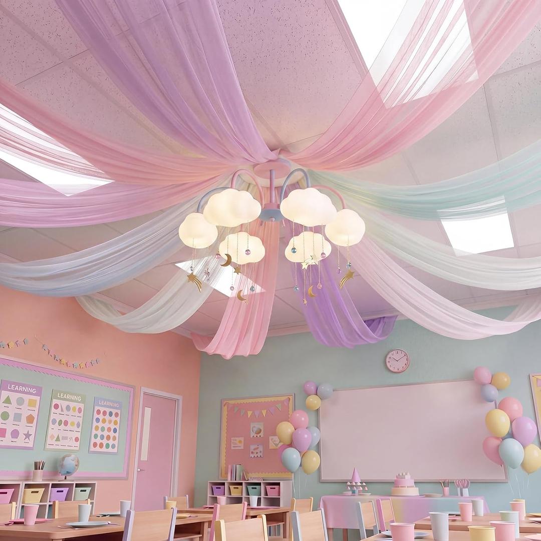 6 Pcs Pastel Rainbow Ceiling Decor 5x10ft Pastel Rainbow Tulle Backdrop for DIY Back to School Classroom Birthday Wedding Bride Baby Shower Unicorn Party Hanging Decorations, 5.25x9.84 ft