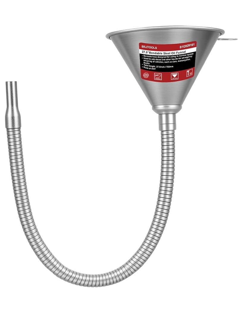 BILITOOLS 26.2" Steel Flexible Oil Funnel with Filter for Automotive Use, Metal Bendable Spout Funnel for Oil Fluids Change, Long Funnels for Transmission Fluid