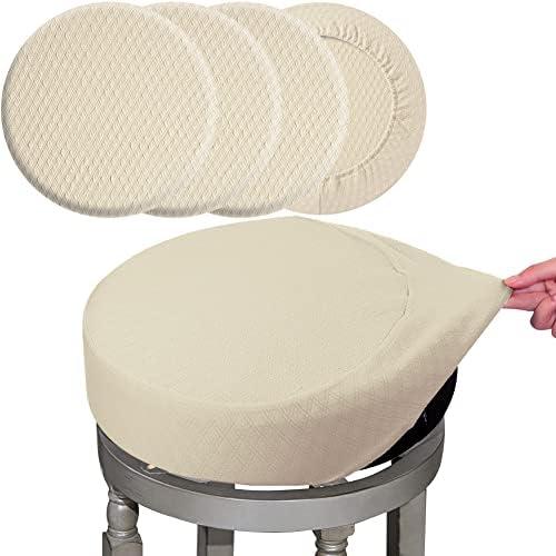 4 Pcs Bar Stool Covers, Luxury Fabric Dia.16-18" Round Stretchy Crease-Resistant Washable Jacquard Dustproof Stool Seat Slipcover, L-Beige-Set of 4