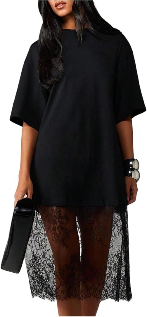 Verdusa Women's Lace T Shirt Dress Oversized Midi Dresses Concert Outfits, Small