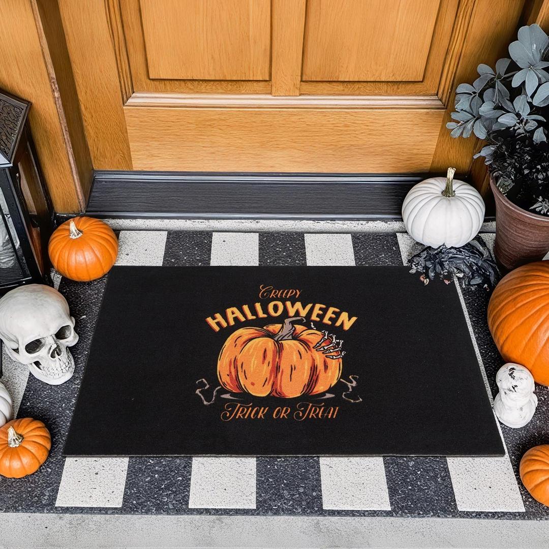 Halloween Door Mat, Halloween Pumpkin Doormat Outdoor Front Door Entrance Absorbent Entry Mat with Non Slip Backing, 17''x30'', Pumpkin Black
