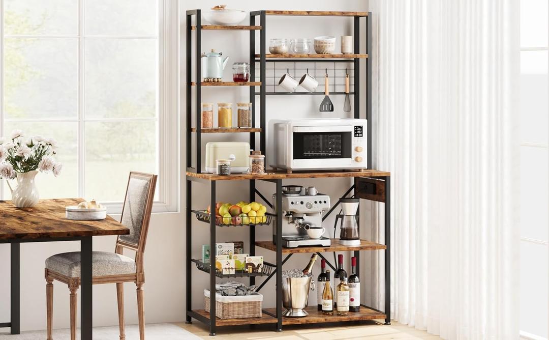 IDEALHOUSE Standing Bakers Rack, 70.1" Large 7- Tier Kitchen Bakers Rack with Power Output, Microwave Stands with Hook and Storage for Kitchen, Retro Brown