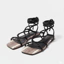 ZBY Lace Up Square Toe Flat Sandals Criss Cross Gladiator Snake Print (7.5, 1-snake Print)