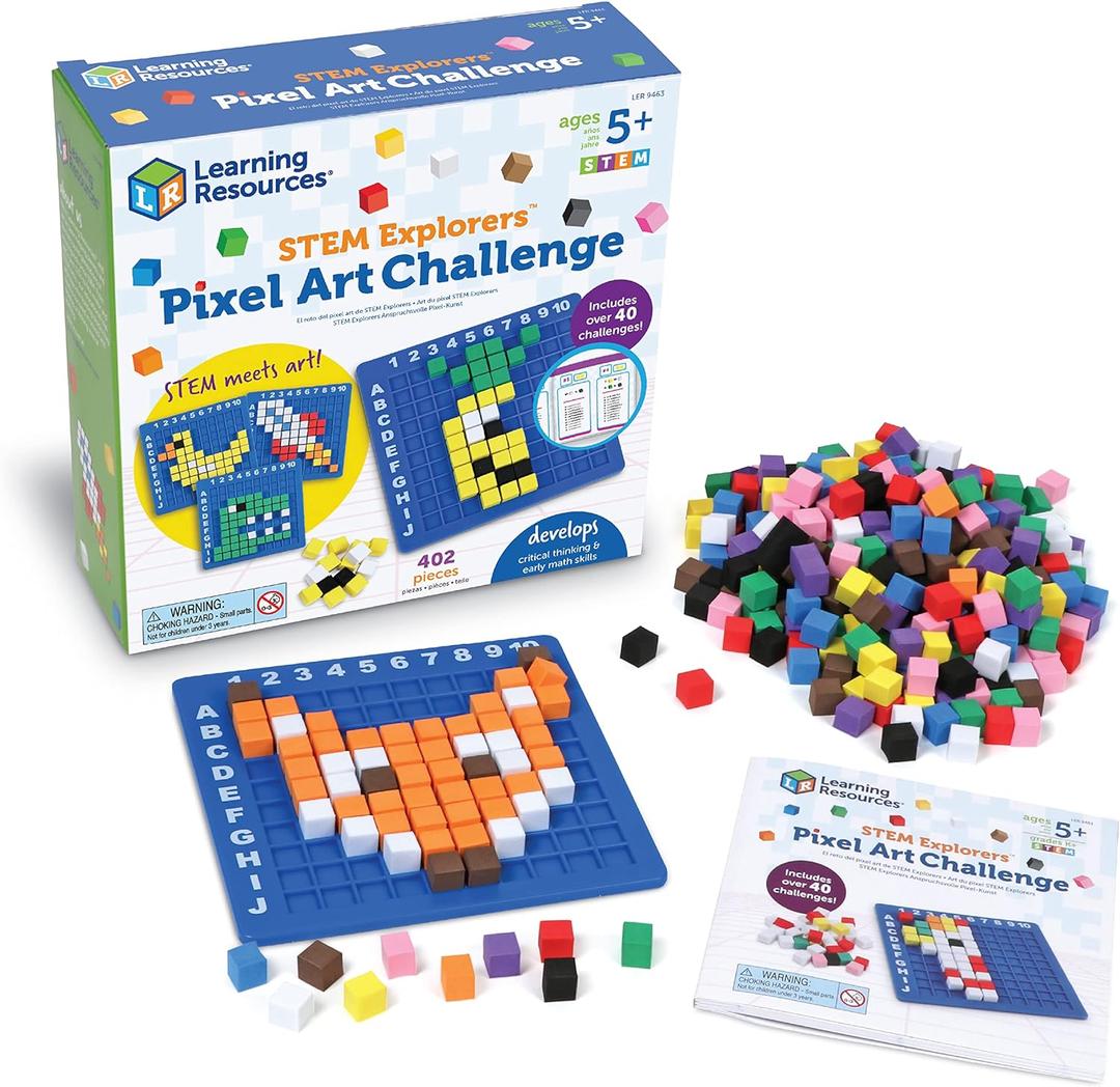 Learning Resources STEM Explorers Pixel Art Challenge - Math Puzzles, Pattern Blocks, Creativity for Kids Sensory Bin, Arts and Crafts, Math Manipulatives, Building Toys, Montessori